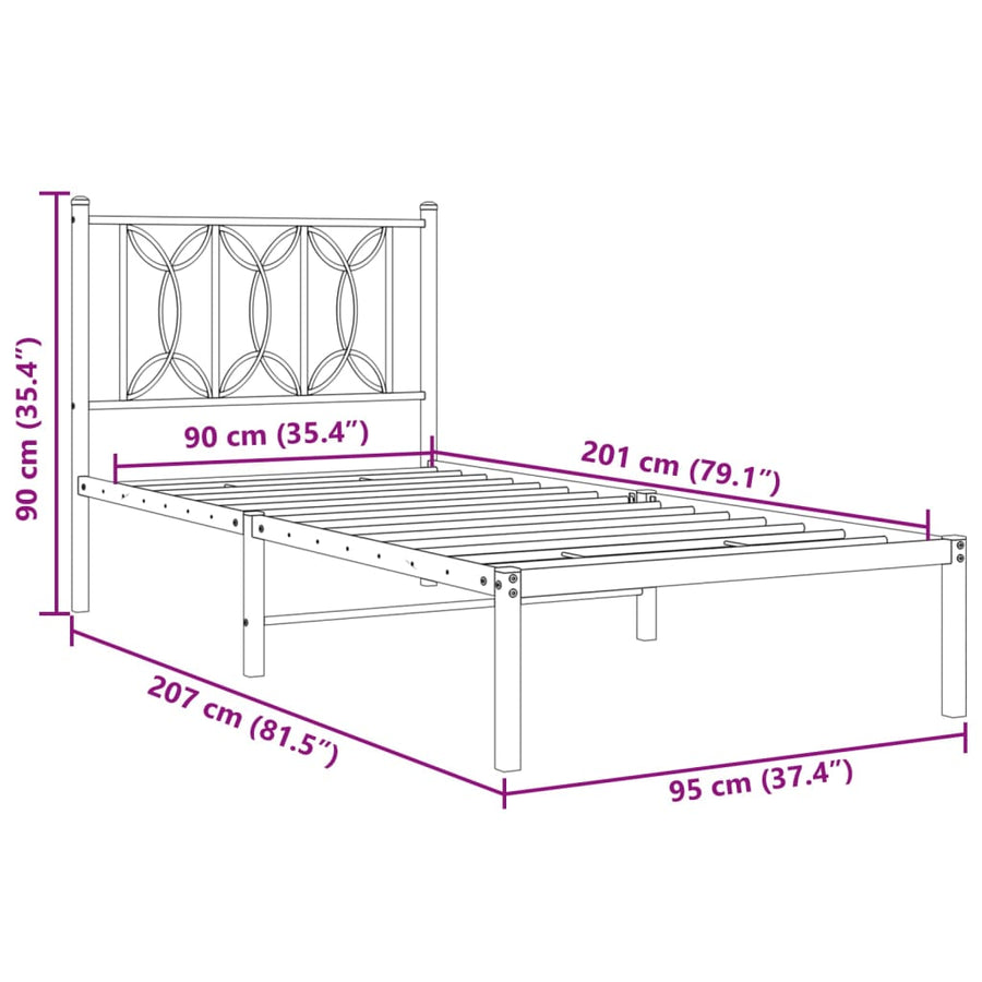 Bedframe met hoofdbord metaal zwart 90x200 cm