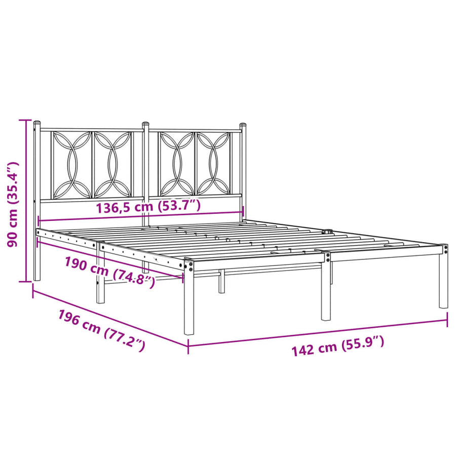 Bedframe met hoofdbord metaal zwart 135x190 cm