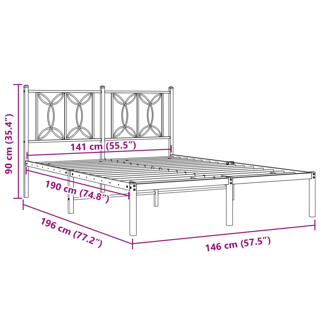 Bedframe met hoofdbord metaal zwart 140x190 cm