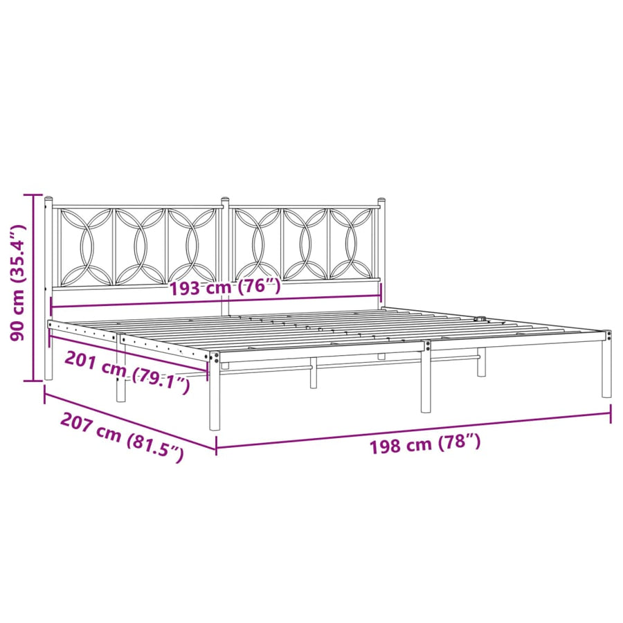 Bedframe met hoofdbord metaal zwart 193x203 cm