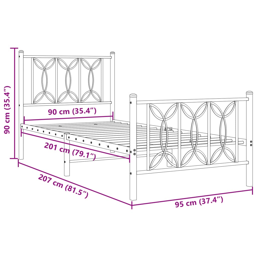 Bedframe met hoofd- en voeteneinde metaal zwart 90x200 cm