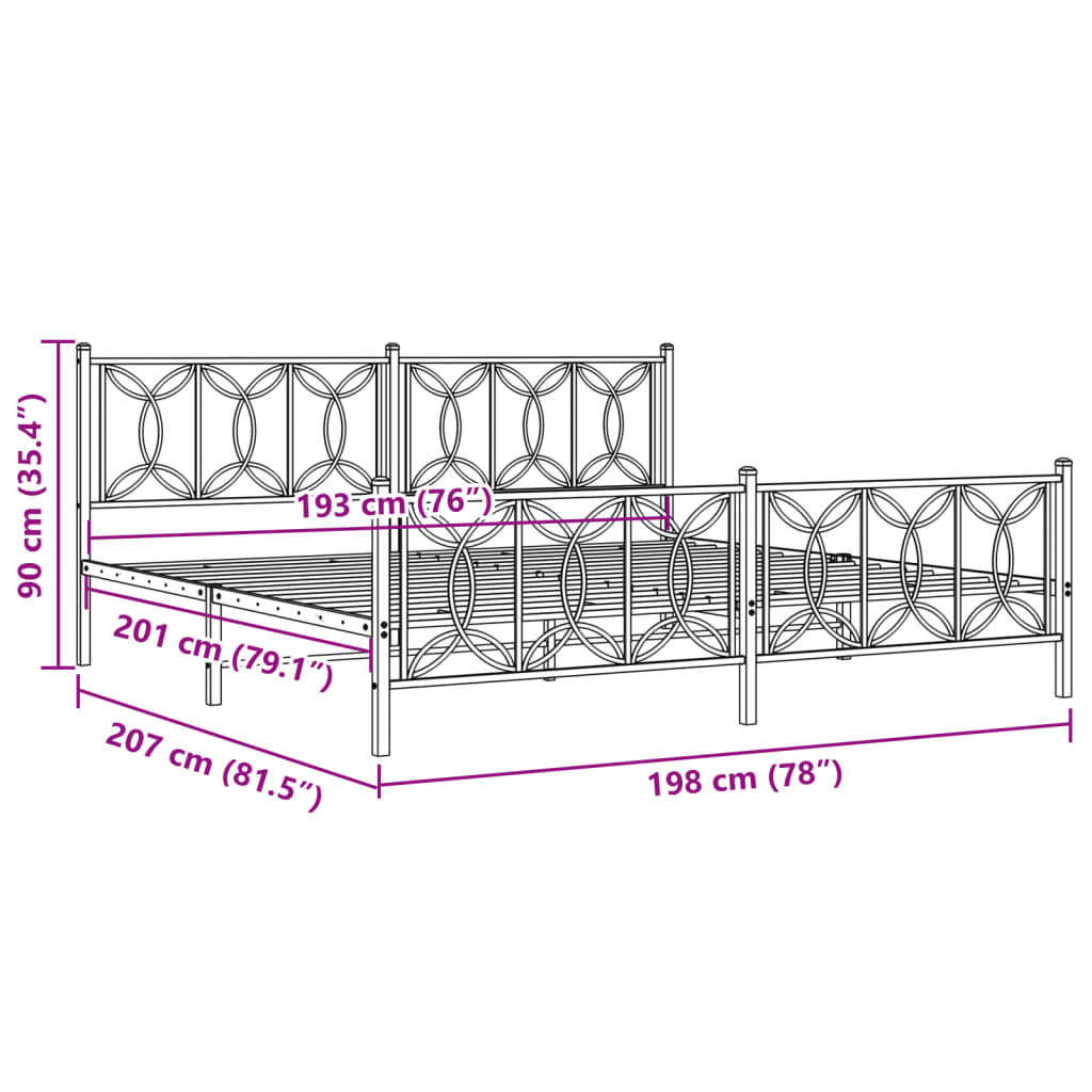 Bedframe met hoofd- en voeteneinde metaal zwart 193x203 cm