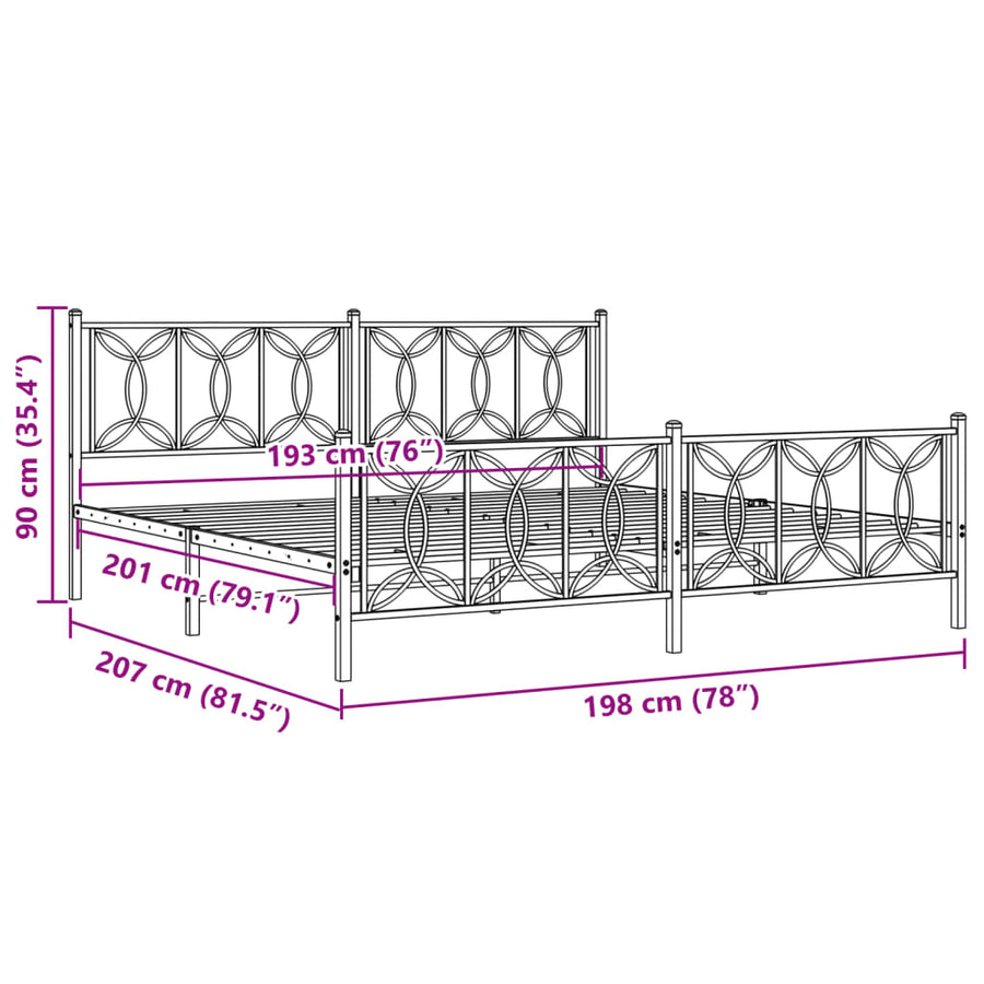 Bedframe met hoofd- en voeteneinde metaal zwart 193x203 cm