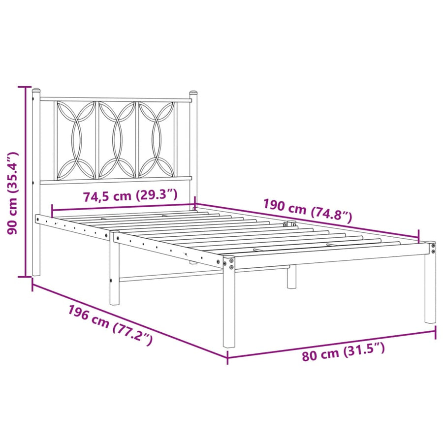 Bedframe met hoofdbord metaal wit 75 x 190 cm