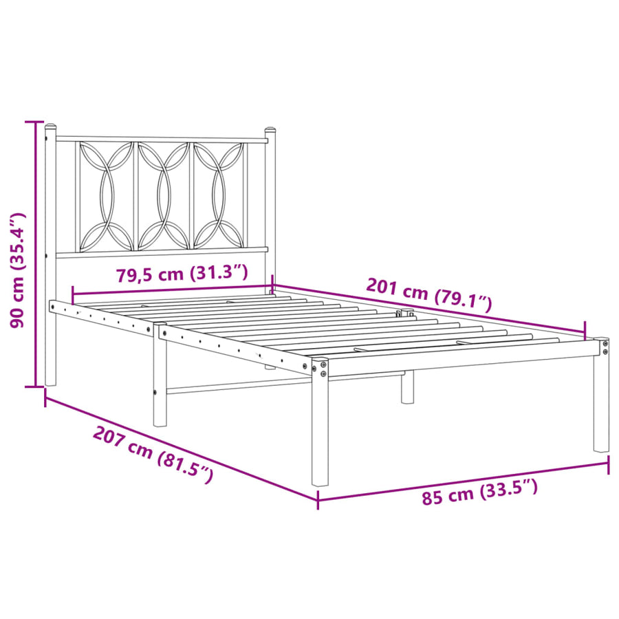 Bedframe met hoofdbord metaal wit 80x200 cm