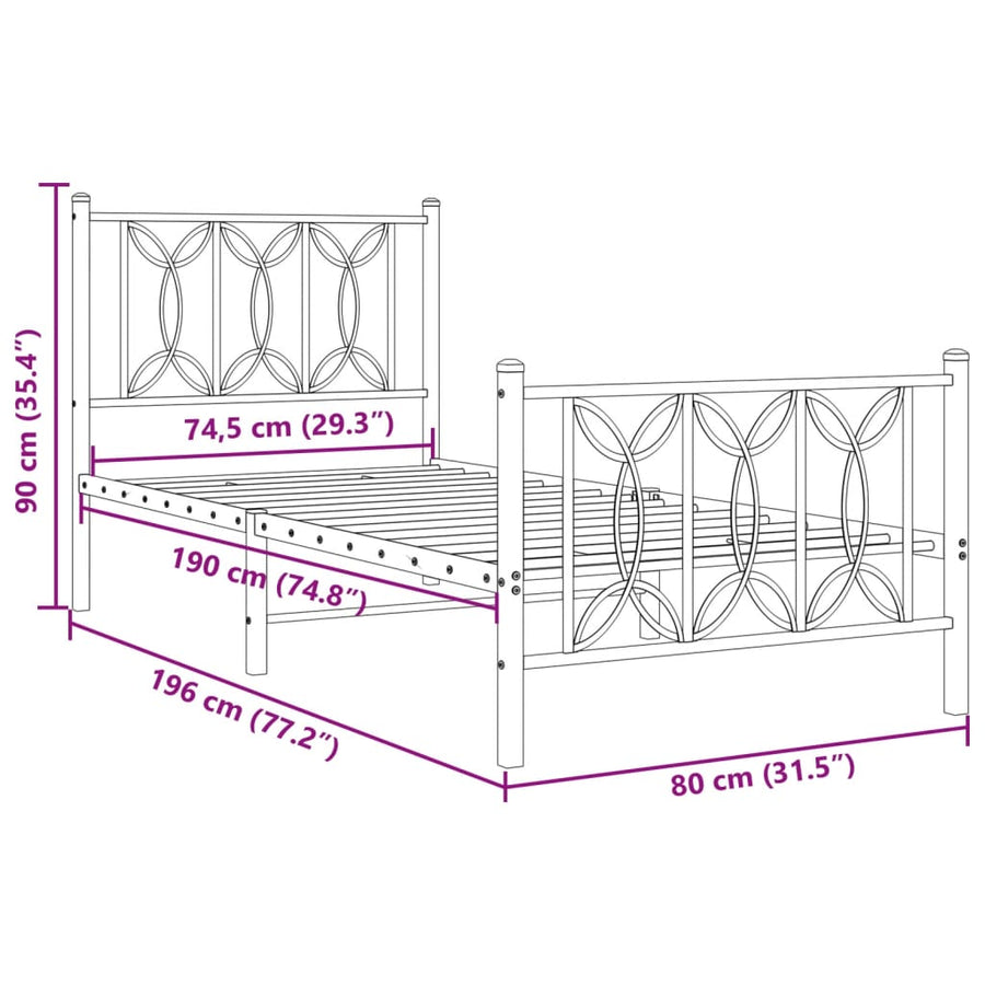 Bedframe met hoofd- en voeteneinde metaal wit 75x190 cm