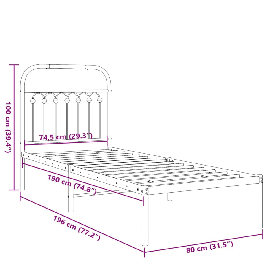 Bedframe met hoofdbord metaal zwart 75x190 cm