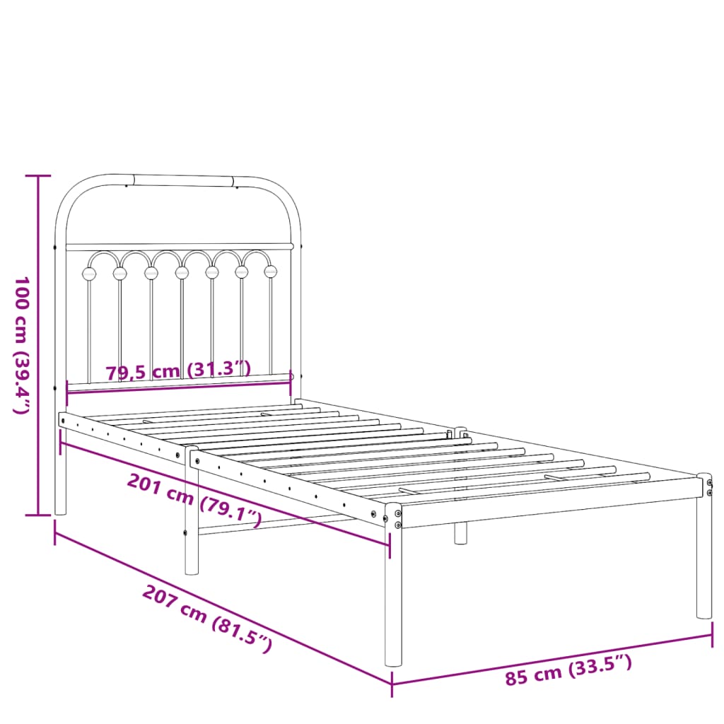 Bedframe met hoofdbord metaal zwart 80x200 cm
