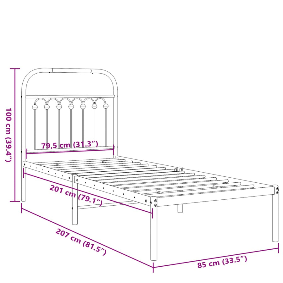 Bedframe met hoofdbord metaal zwart 80x200 cm