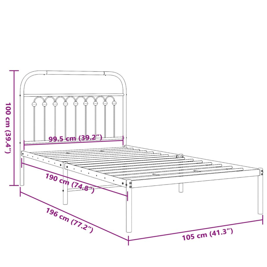 Bedframe met hoofdbord metaal zwart 100x190 cm