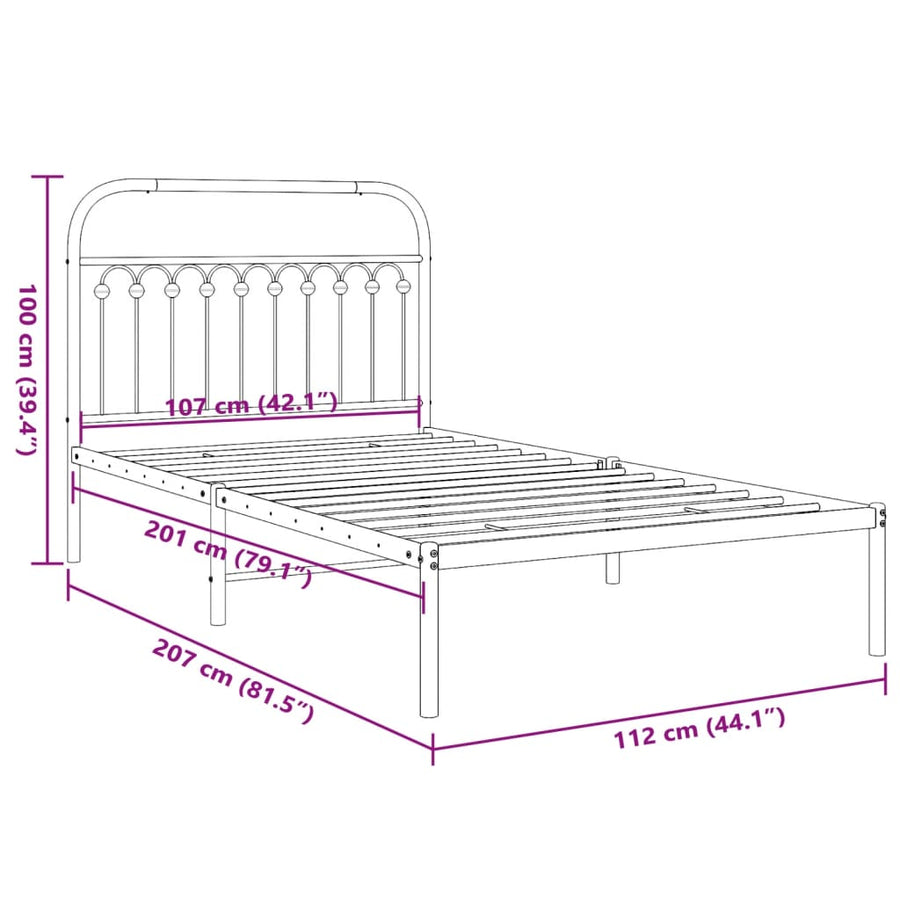 Bedframe met hoofdbord metaal zwart 107x203 cm