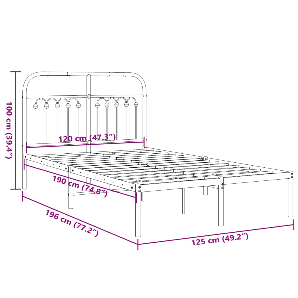 Bedframe met hoofdbord metaal zwart 120x190 cm