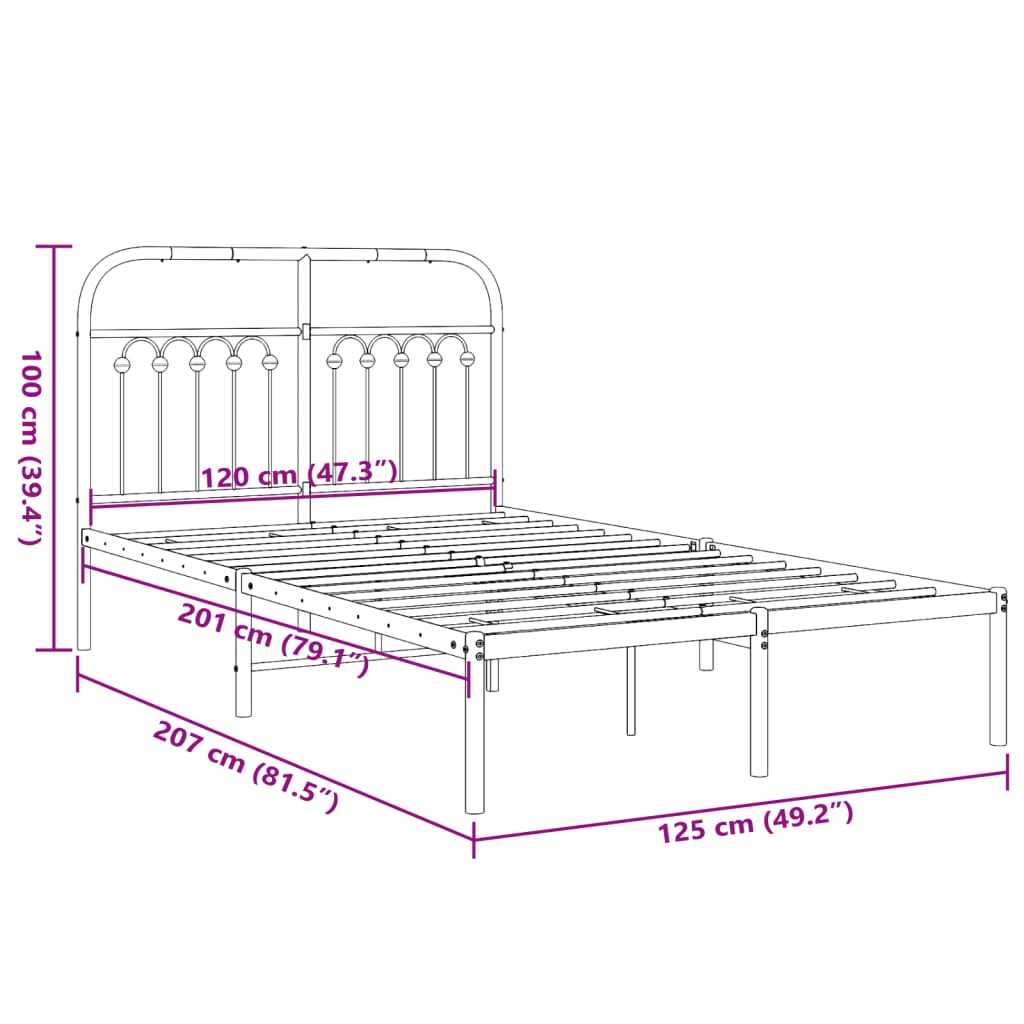 Bedframe met hoofdbord metaal zwart 120x200 cm