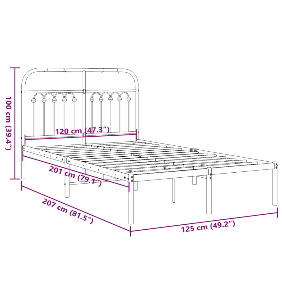 Bedframe met hoofdbord metaal zwart 120x200 cm