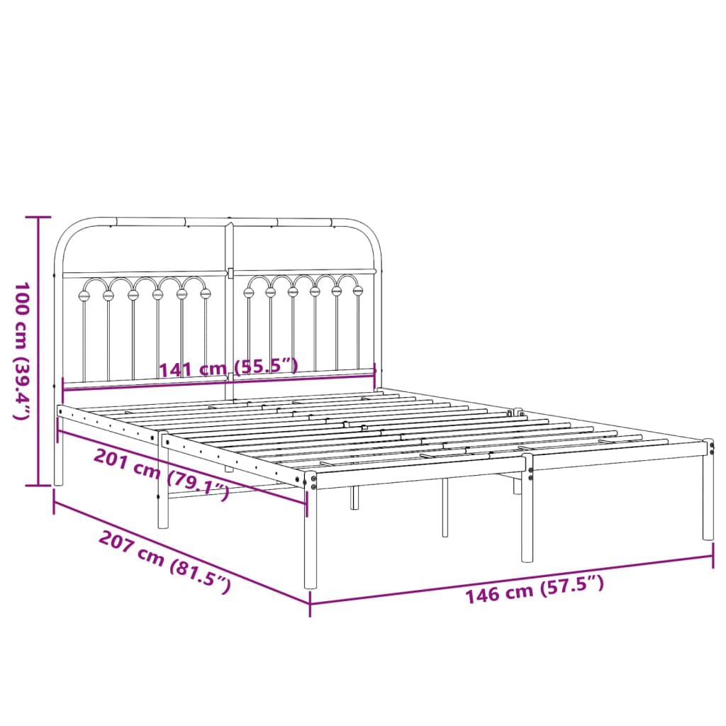 Bedframe met hoofdbord metaal zwart 140x200 cm