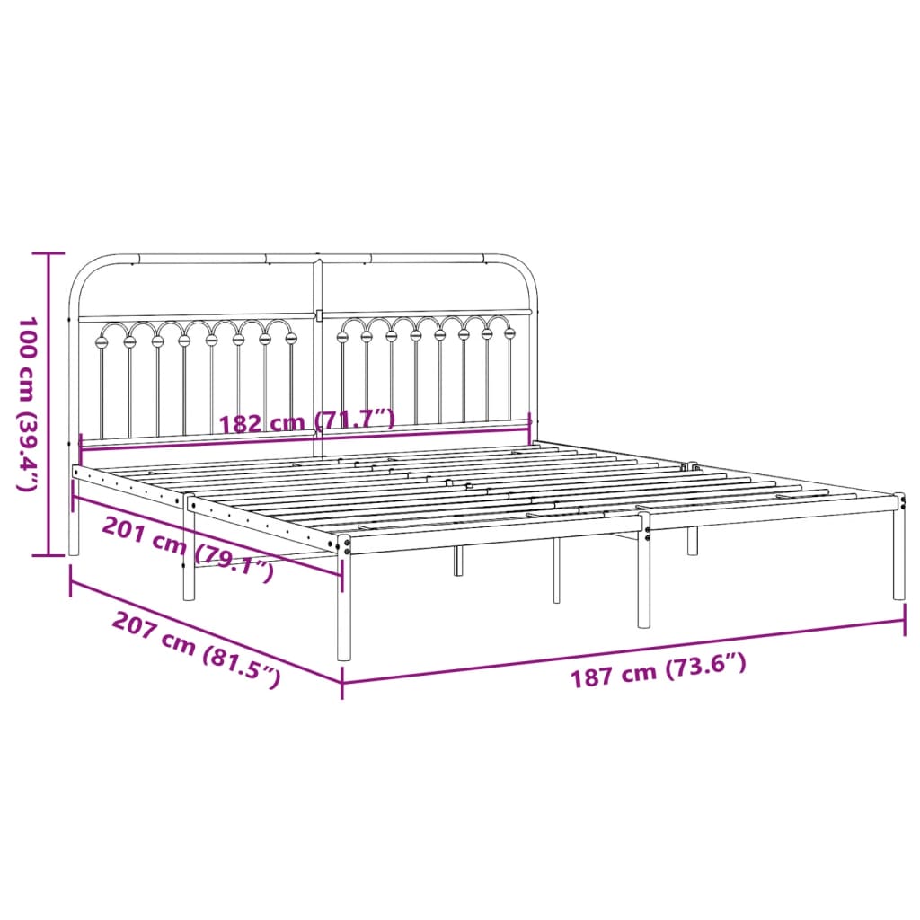 Bedframe met hoofdbord metaal zwart 183x203 cm