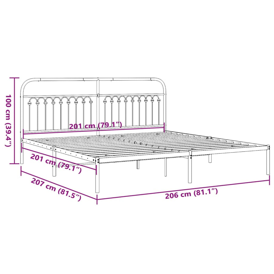 Bedframe met hoofdbord metaal zwart 200x200 cm