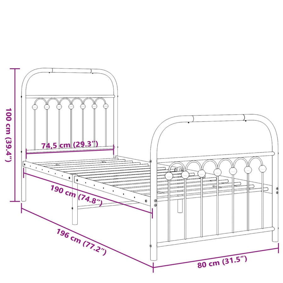 Bedframe met hoofd- en voeteneinde metaal zwart 75x190 cm