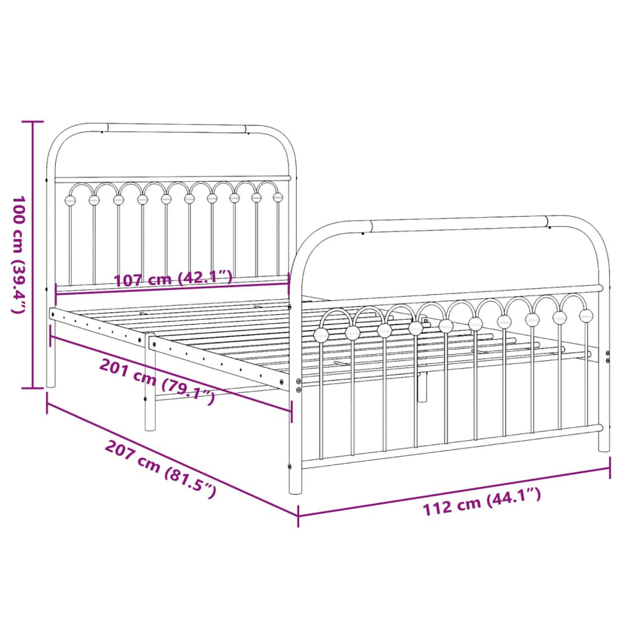 Bedframe met hoofd- en voeteneinde metaal zwart 107x203 cm