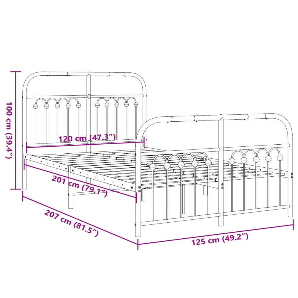 Bedframe met hoofd- en voeteneinde metaal zwart 120x200 cm
