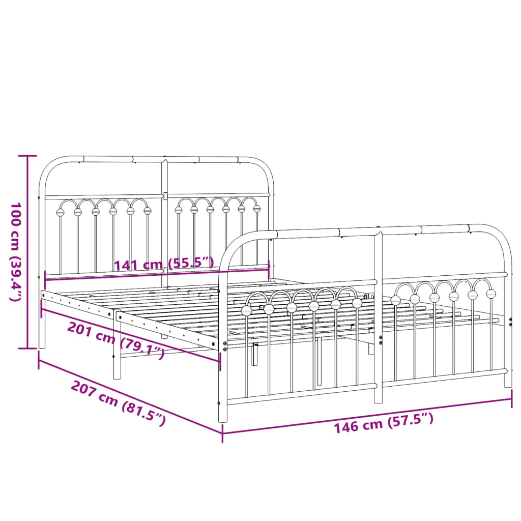 Bedframe met hoofd- en voeteneinde metaal zwart 140x200 cm