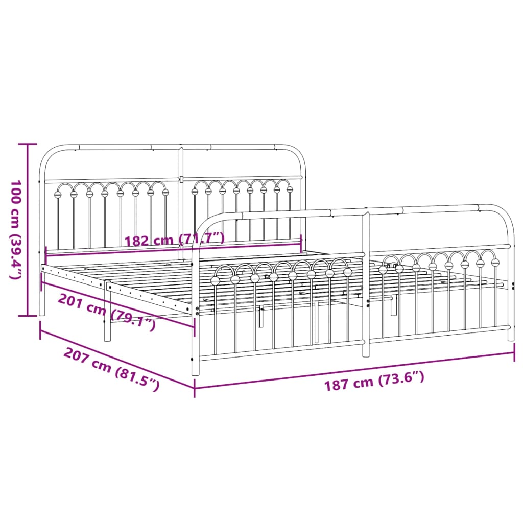 Bedframe met hoofd- en voeteneinde metaal zwart 183x203 cm