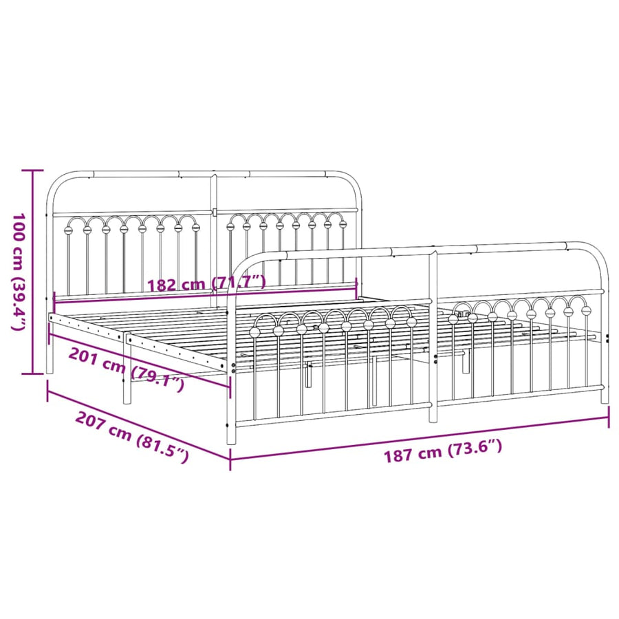 Bedframe met hoofd- en voeteneinde metaal zwart 183x203 cm