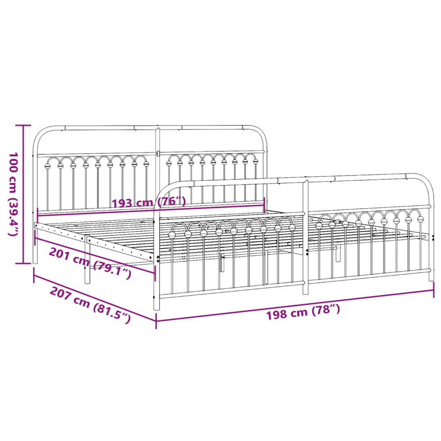 Bedframe met hoofd- en voeteneinde metaal zwart 193x203 cm
