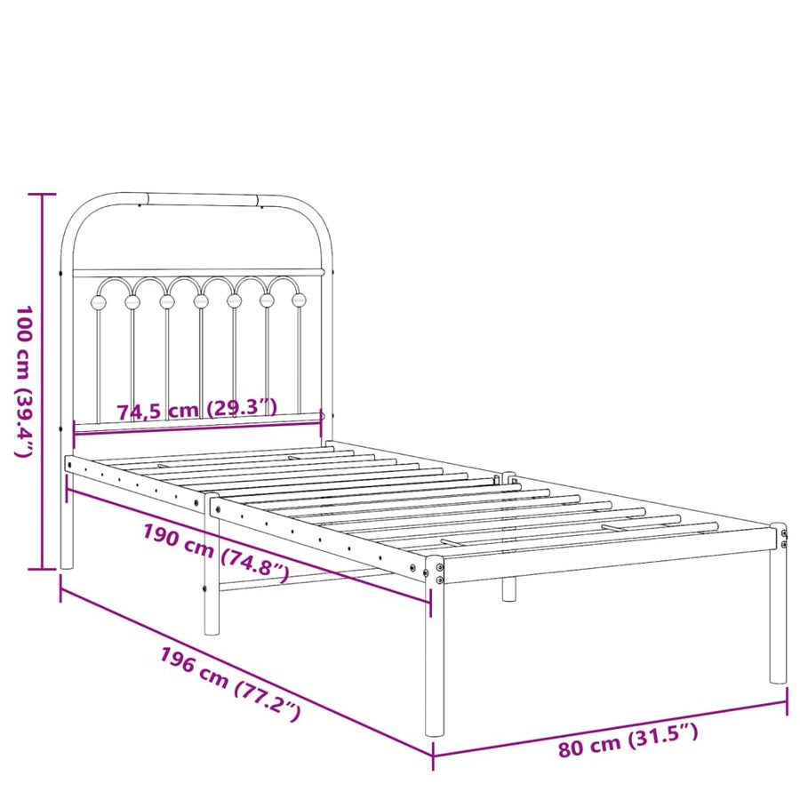 Bedframe met hoofdbord metaal wit 75 x 190 cm