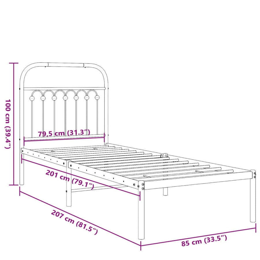 Bedframe met hoofdbord metaal wit 80x200 cm