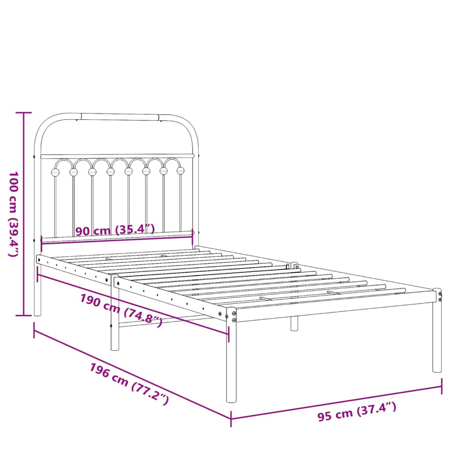 Bedframe met hoofdbord metaal wit 90x190 cm