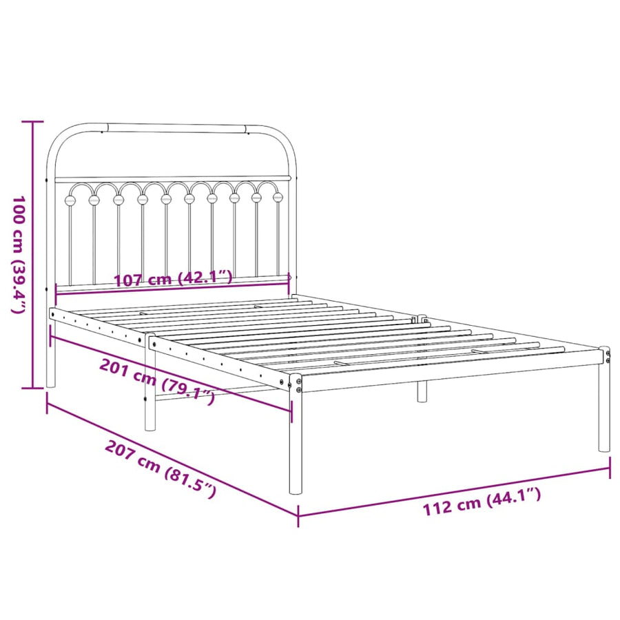 Bedframe met hoofdbord metaal wit 107x203 cm