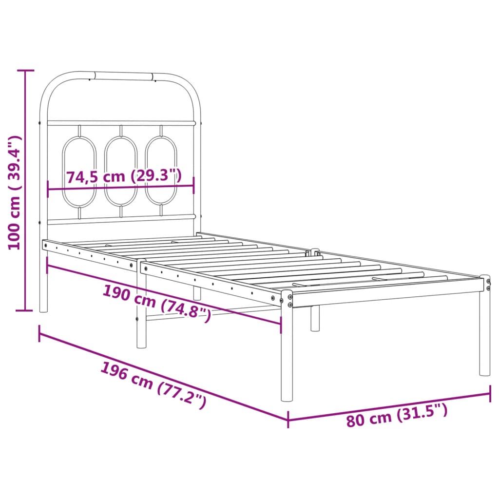Bedframe met hoofdbord metaal zwart 75x190 cm