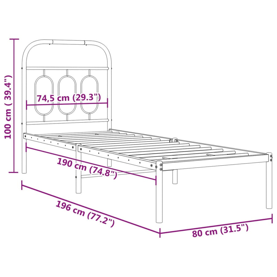 Bedframe met hoofdbord metaal zwart 75x190 cm