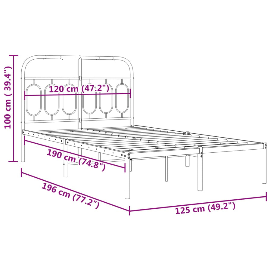 Bedframe met hoofdbord metaal zwart 120x190 cm