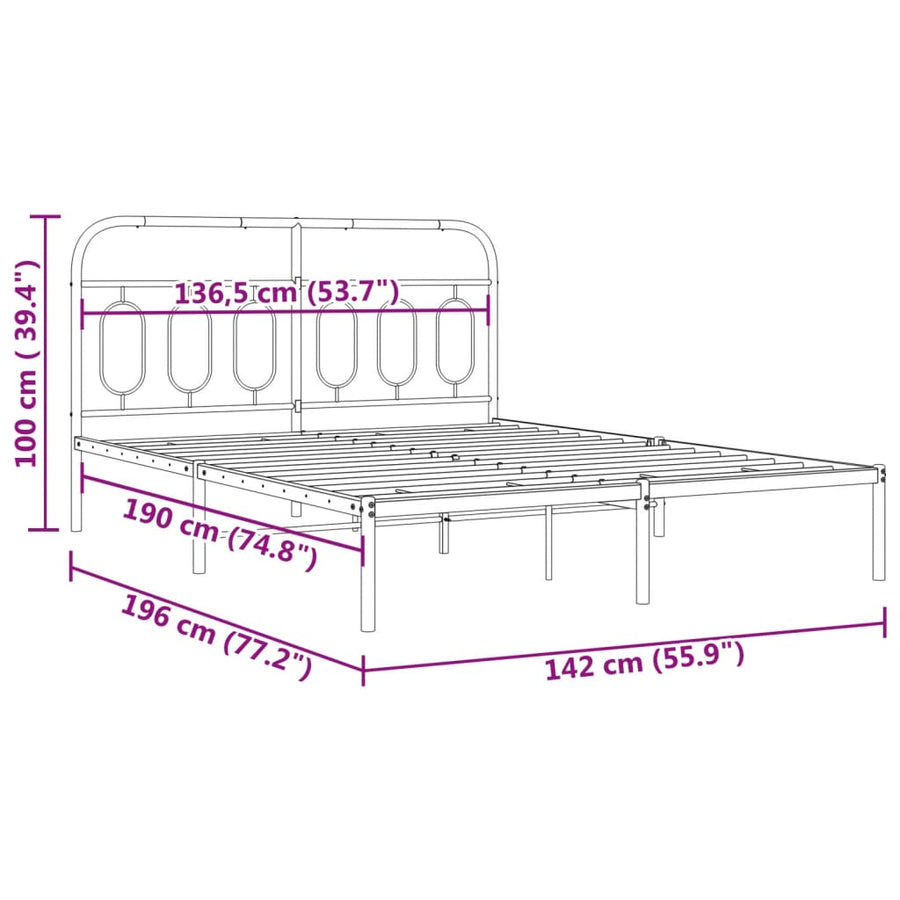 Bedframe met hoofdbord metaal zwart 135x190 cm