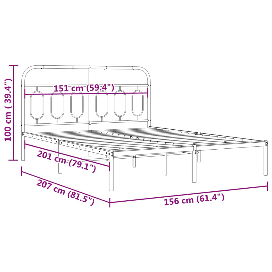 Bedframe met hoofdbord metaal zwart 150x200 cm