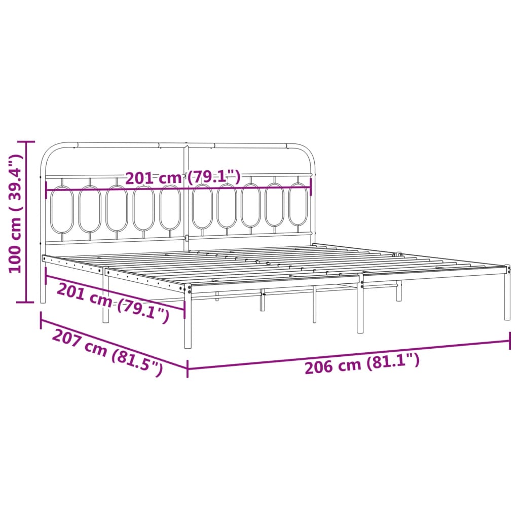 Bedframe met hoofdbord metaal zwart 200x200 cm