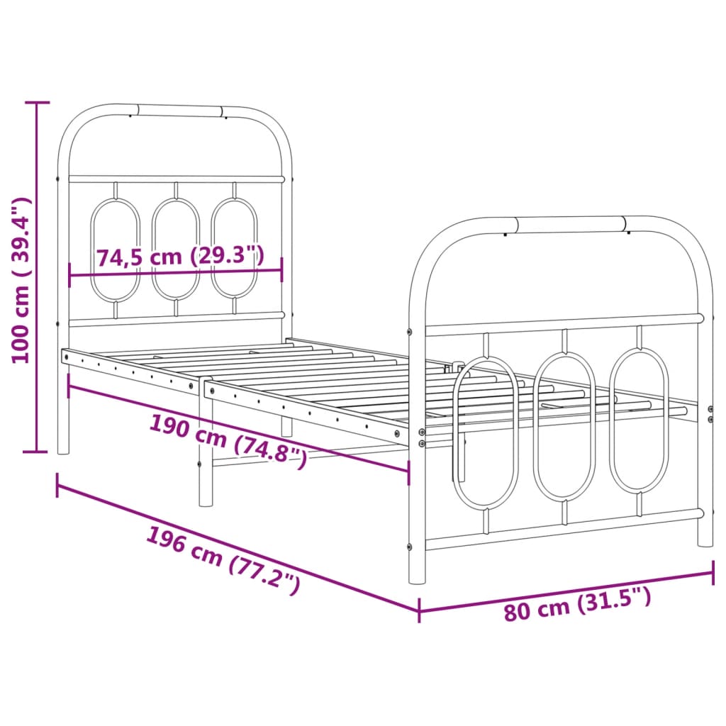 Bedframe met hoofd- en voeteneinde metaal zwart 75x190 cm