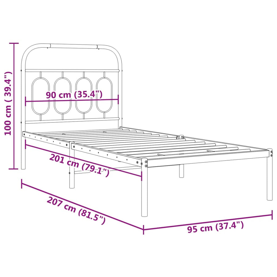 Bedframe met hoofdbord metaal wit 90x200 cm