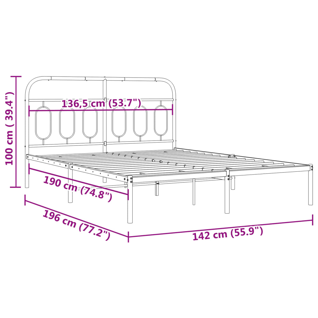 Bedframe met hoofdbord metaal wit 135x190 cm