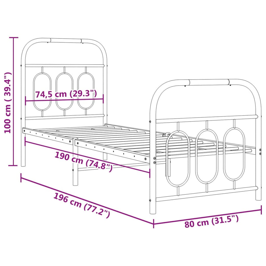 Bedframe met hoofd- en voeteneinde metaal wit 75x190 cm