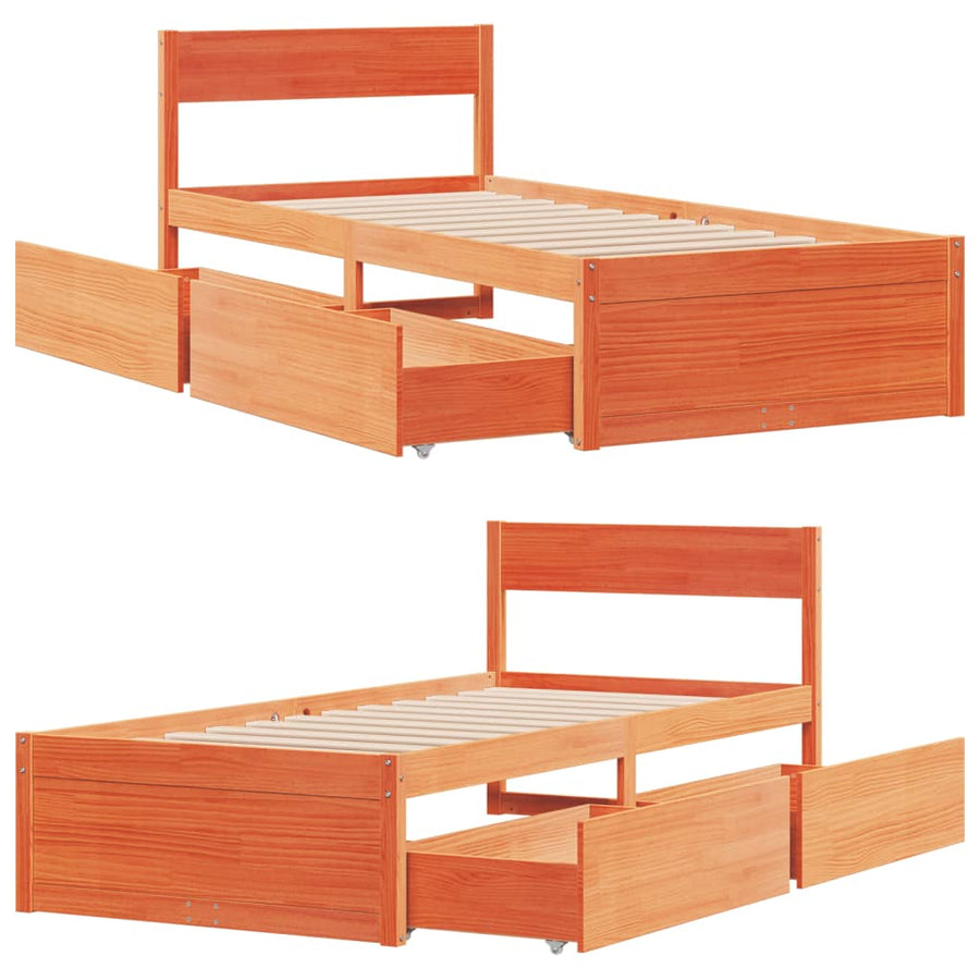 Bedframe met lades massief grenenhout wasbruin 100x200 cm