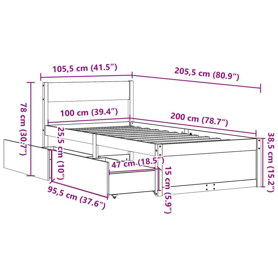 Bedframe met lades massief grenenhout wasbruin 100x200 cm