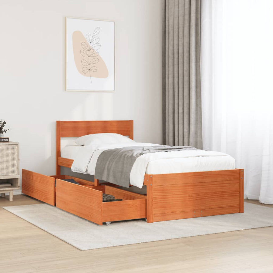 Bedframe met lades massief grenenhout wasbruin 90x200 cm