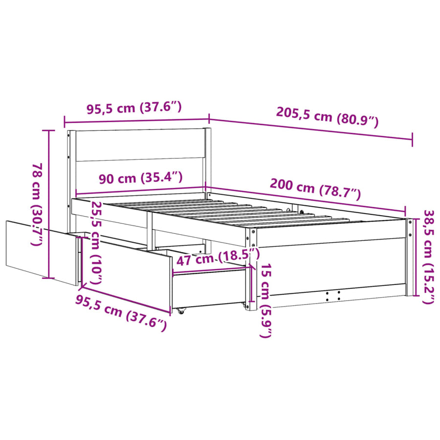 Bedframe met lades massief grenenhout wasbruin 90x200 cm