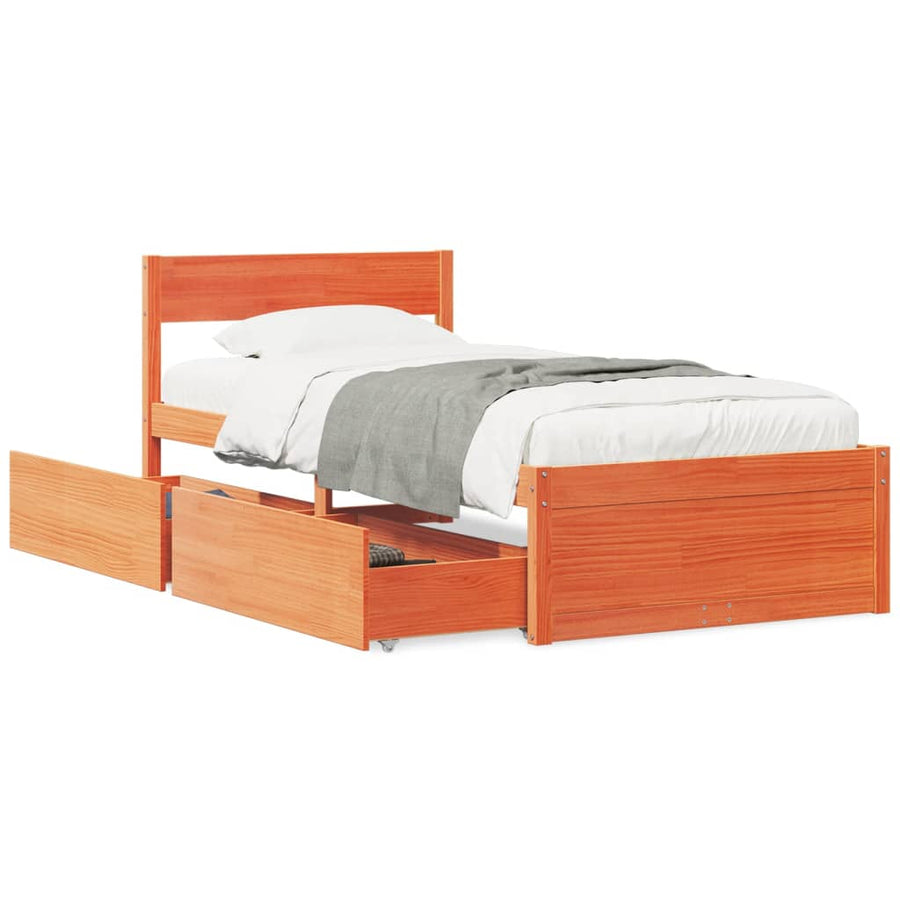Bedframe met lades massief grenenhout wasbruin 90x200 cm