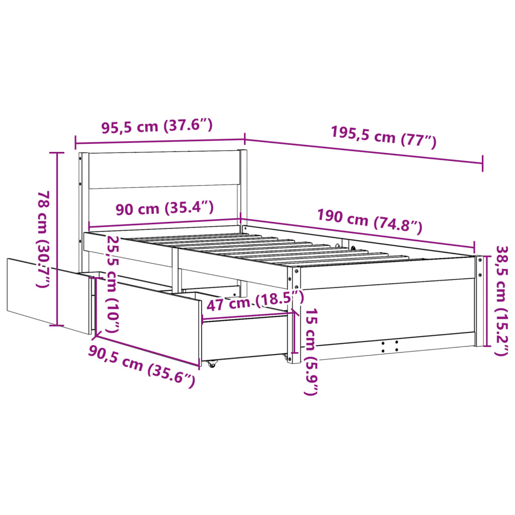 Bedframe met lades massief grenenhout 90x190 cm