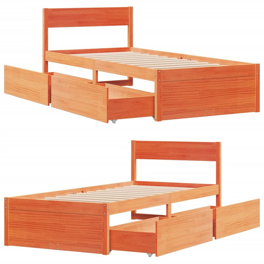 Bedframe met lades massief grenenhout wasbruin 90x190 cm