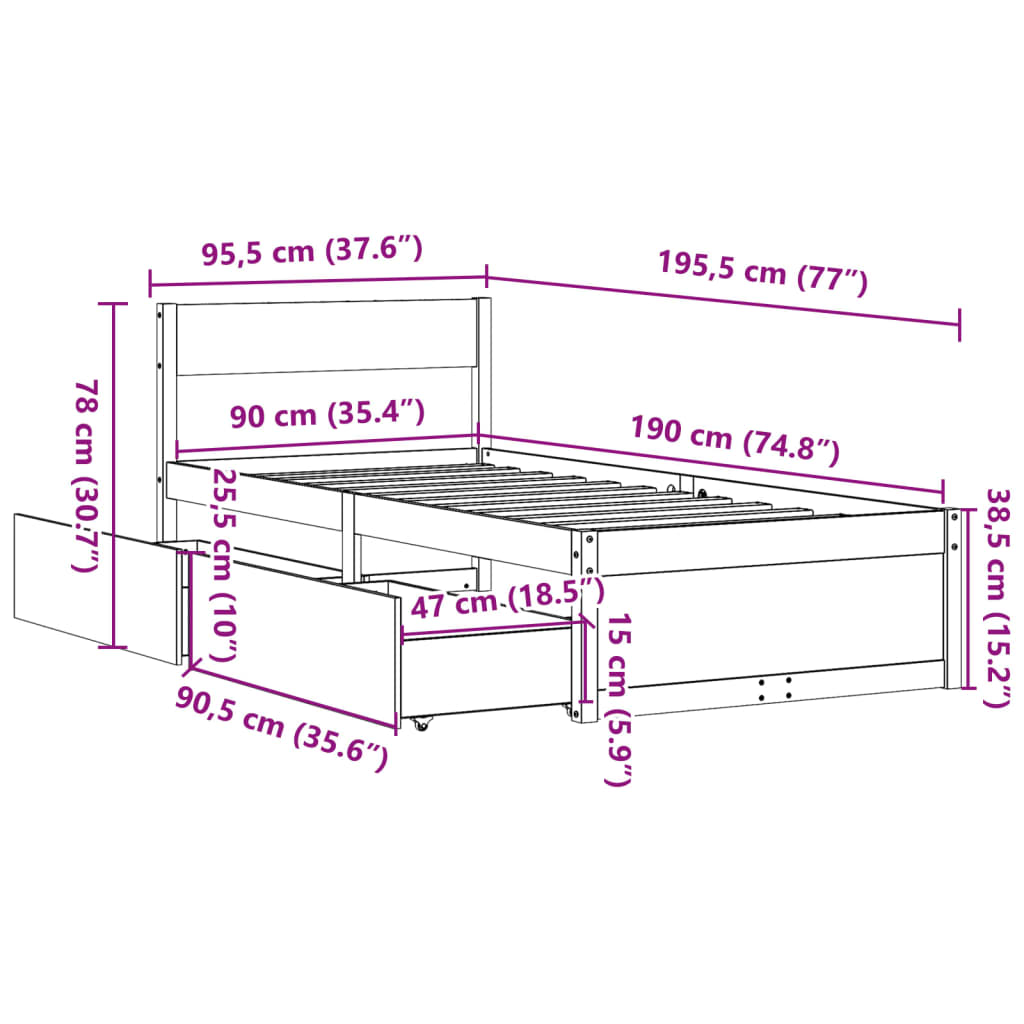 Bedframe met lades massief grenenhout wasbruin 90x190 cm